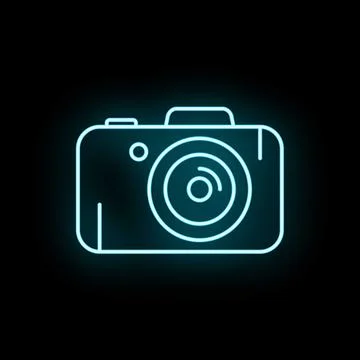 Camera icon glowing with blue neon light on black background Stock Illustration