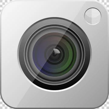 Camera icon: Gray camera with lens details, side button. Captures memories .. Stock Illustration