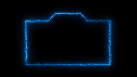 Camera icon outline glowing with blue fire energy pulses on black backgroun.. Stock Footage 334157668