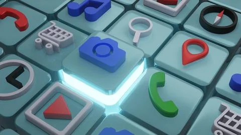 Camera icon on square shape , 3d rendering Stock Photos