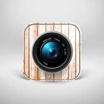 Camera icon, with wooden texture. Stock Illustration