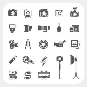 Camera icons and camera accessories icons set Stock Illustration