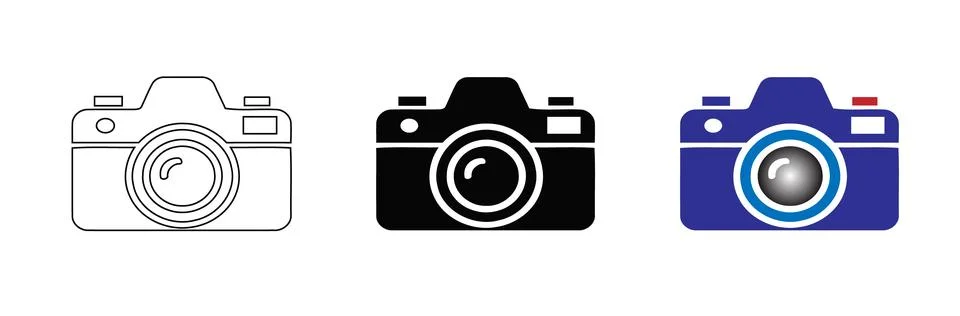 Camera Icons in Outline Solid Black and Blue with Red Accent Icon Stockillustratie