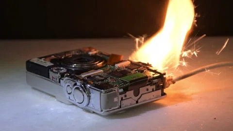 Camera ignites and sparks due to malfunction creating fire risk and equipment da Stock Footage 332171399