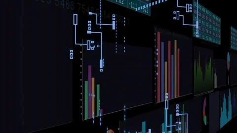 Camera initiating gliding right revealing chart wall, neon connectors linking Stock Footage 334351864