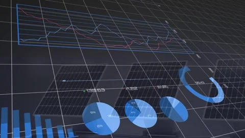 Camera initiating slow fly-through across 3D data dashboard, charts animating, Stock Footage 333904822