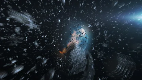 Camera inside meteor shower Heading Alien blue planet. Stock-Footage 262442529