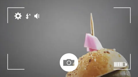 Camera interface animation over close-up of burger with toothpick and pink flag Stock Footage 306344028