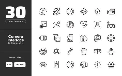 Camera Interface Icon Set Collection - Outline Line Art Style. Containing N.. 스톡 일러스트