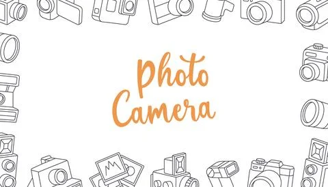 Camera kit horizontal outline banner. Photo studio set. Video cam, instant 스톡 일러스트