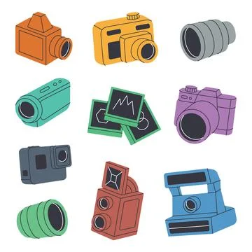Camera kit. Photo studio set. Lens with shutters, video and action cam, instant イラスト素材