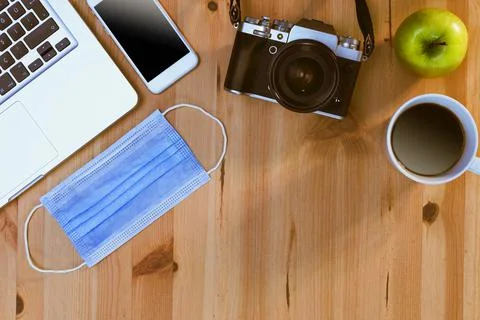 Camera, a laptop computer, , a smart phone, an apple, a facial medical mask a Foto stock