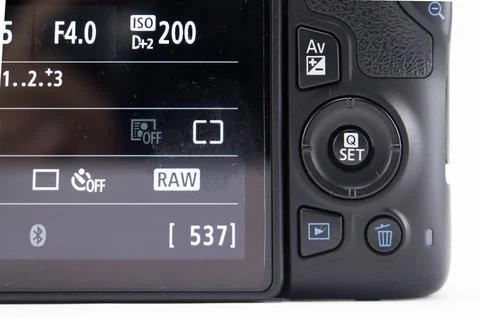 Camera LCD Screen Displaying Settings - Aperture, ISO, RAW Format, and Imag.. Stock Photos