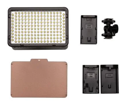 On-camera LED video light kit flat lay. Stock Photos