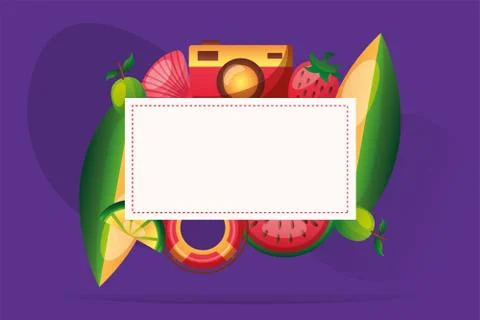 Camera lemon shell watermelon float surfboard and strawberry frame vector design Illustrazione stock