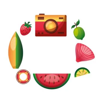 Camera lemon shell watermelon float surfboard and strawberry frame vector design イラスト素材