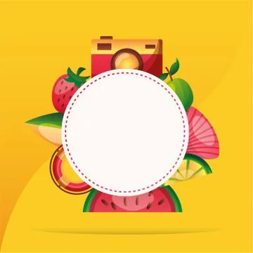 Camera lemon shell watermelon float surfboard and strawberry circle vector Stock Illustration