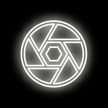 Camera lens aperture icon glowing white neon Illustrazione stock