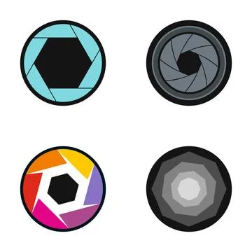 Camera lens aperture icon set with various designs Stock Illustration