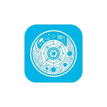 Camera lens circuit board blue icon for smart photography. Stock Illustration