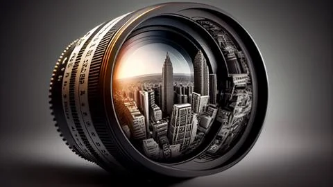Camera lens with cityscape in the background. 3D illustration. Stock Illustration