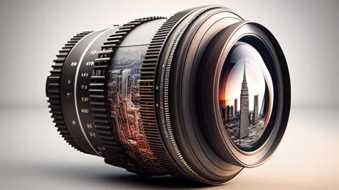 Camera lens with cityscape in the background. 3D illustration. Stock Illustration