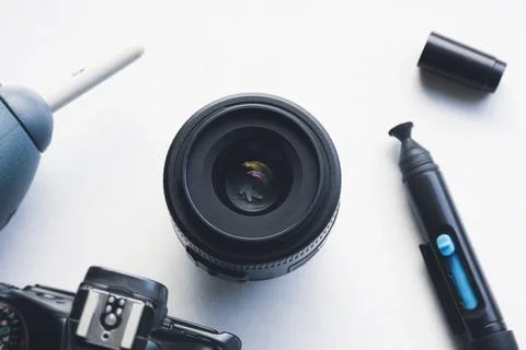 Camera lens with cleaning kit 스톡 사진