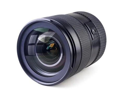 Camera lens close-up on a white background. Stock Photos