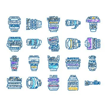 Camera lens collection representing photography equipment and optical devices Stock Illustration