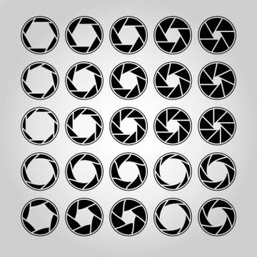 Camera lens diaphragm. Shutter aperture pictogram, optical lenses. Collection of Stock Illustration