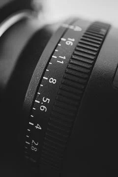 Camera lens distance scale macro shot Stock Photos