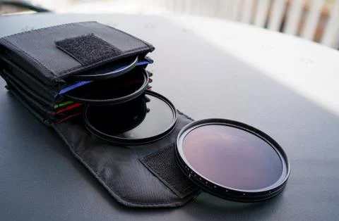 Camera lens filter bag witn Professional variable nd lens filter Foto stock