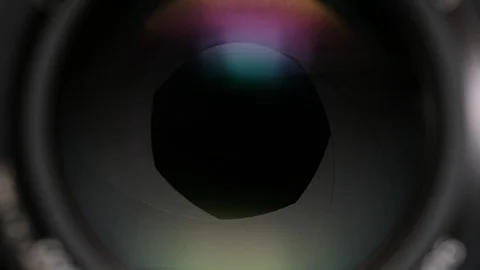 Camera lens front side exposed aperture blades Stock Footage 118834946
