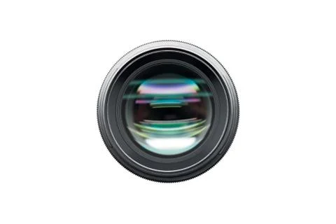 Camera lens front view shot isolated on white background Fotos de archivo