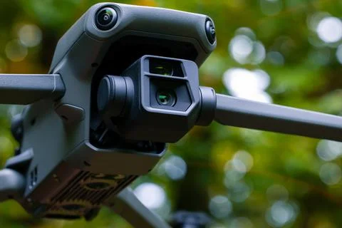 Camera lens on gimbal system flying drone front side technological Chinese .. Stock Photos