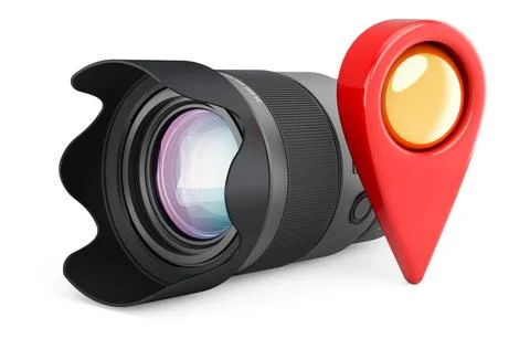 Camera lens with map pointer. 3D rendering 스톡 일러스트
