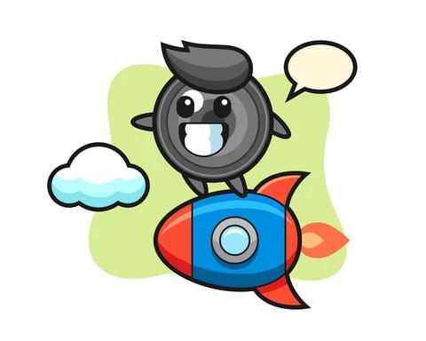 Camera lens mascot character riding a rocket Stock Illustration