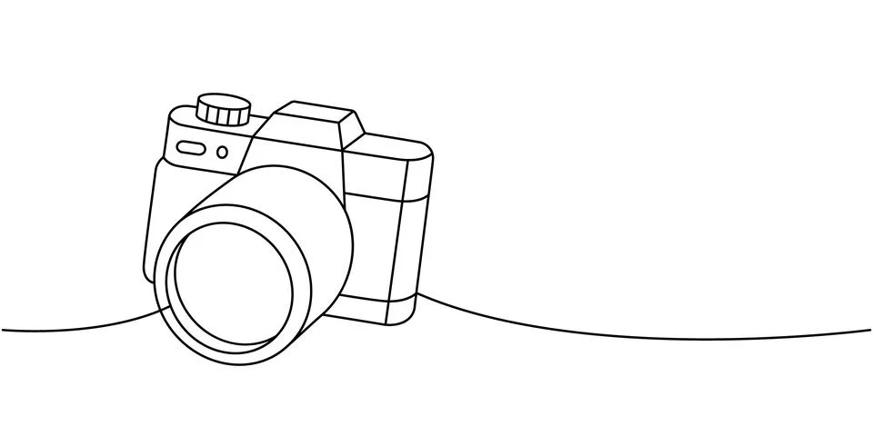 Camera with lens one line continuous drawing. Professional photo equipment Stock Illustration