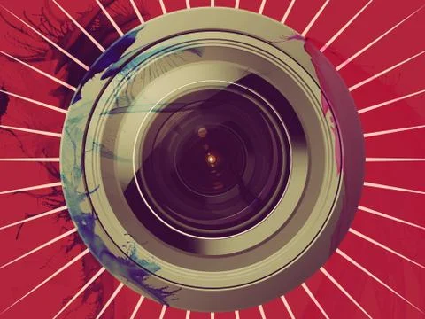Camera lens on red background Stock Illustration