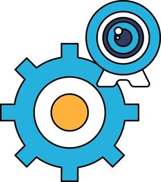 A camera lens is shown next to a gear Stock Illustration