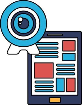 A camera lens is shown next to a white page with a black background Stock Illustration