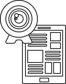 A camera lens is shown next to a white page with a black background Stock Illustration