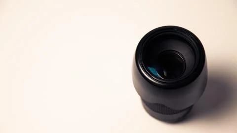 Camera lens on a white background. Close-up. Horizontal Stock Photos
