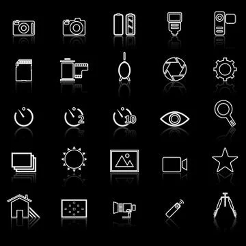 Camera line icons with reflect on black Illustrazione stock
