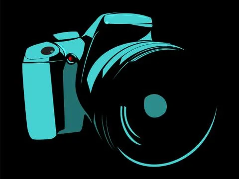 Camera, logo blue on a black background Stock Illustration