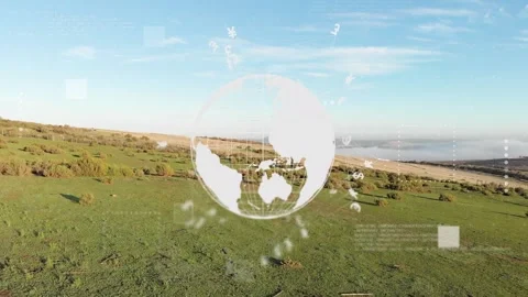 Camera looking down causing globe HUD appearing, camera flying right, globe Stock Footage 334351727