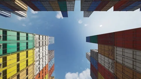 The camera looks up and floats between rows of different shipping containers Stock Footage 270974339