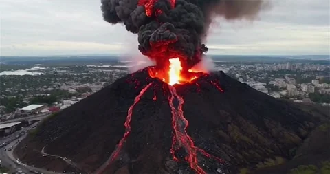 The camera looks down at a volcano in the middle of the city, erupting lava Stock Footage 280791482