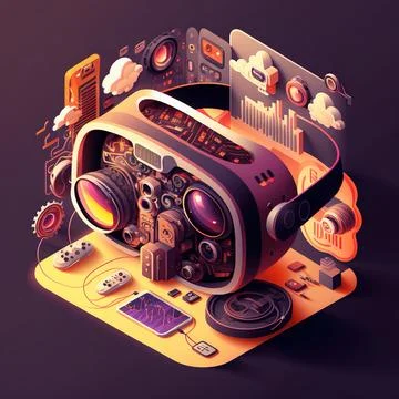 A camera with a lot of different objects around it on a table top with a da.. Stock Illustration