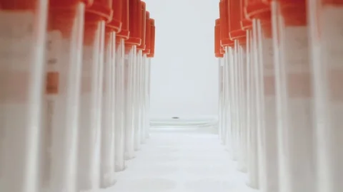 Camera with a macro lens moves past two rows of empty test jars Stock Footage 128233916